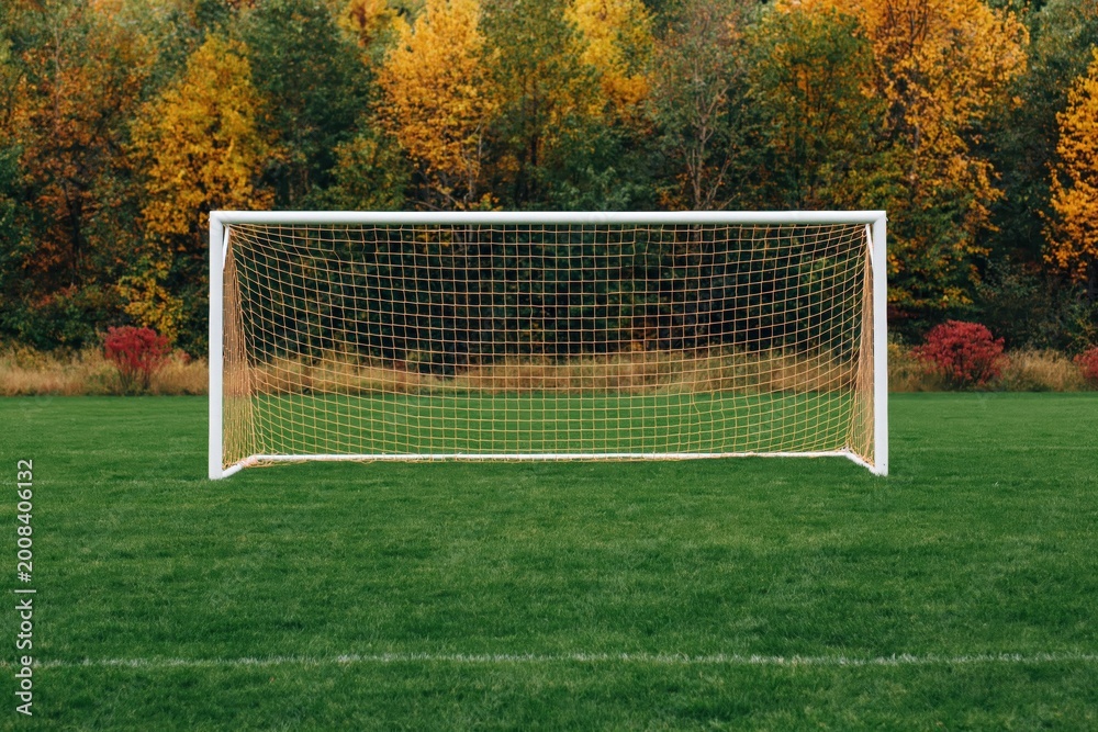 Fototapeta premium White soccer goal net stands on vibrant green sports field with backdrop of colorful autumn trees in park setting. High quality photo