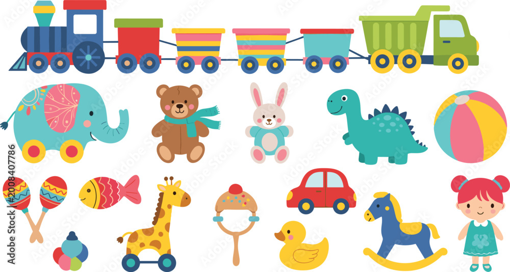 Fototapeta premium Colorful Children’s Toy Vector Set Featuring Cute Animals, Vehicles, Musical Instruments, and Playful Objects for Kids' Play Areas and Rooms