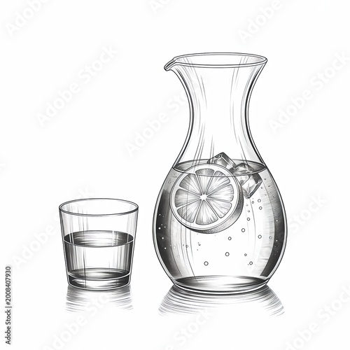 Minimalist pencil drawing of glass water carafe and drinking glass with lemon
