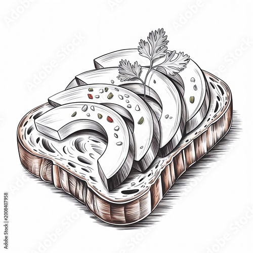 Detailed pencil sketch of avocado toast on sourdough bread with herbs