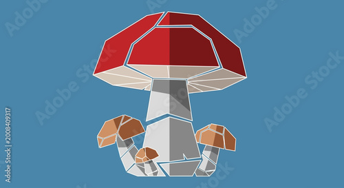 red capped mushroom with small mushrooms on blue background