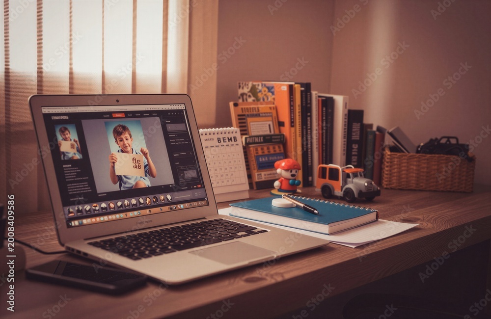 Fototapeta premium A cozy workspace with a laptop displaying a child's photo, surrounded by books, stationery, and playful elements.