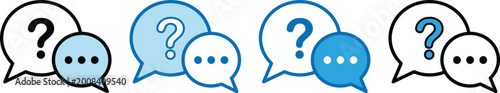 Four speech bubble featuring question marks and ellipses in blue tones on white chat