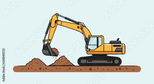 Yellow excavator digging earth illustration on blue background