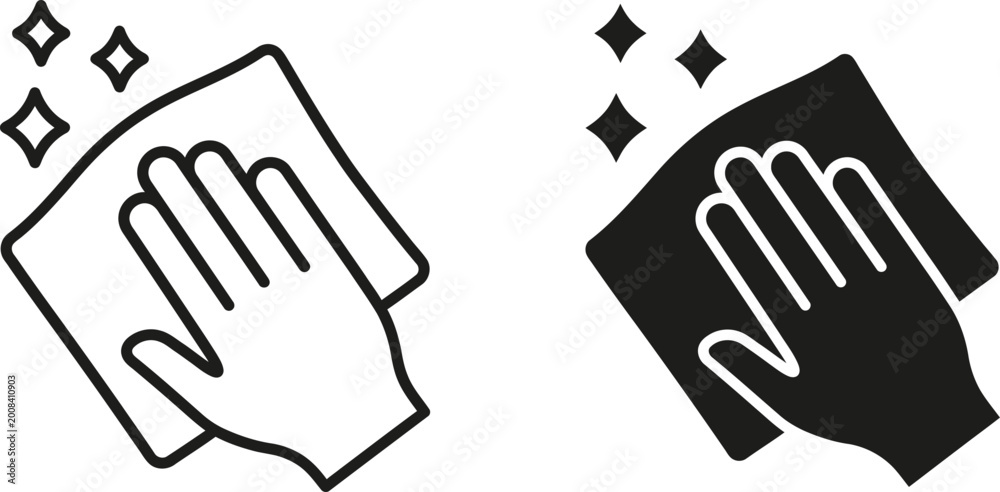 Obraz premium Hand holding a cleaning cloth wiping a surface, two variations in white and black colors