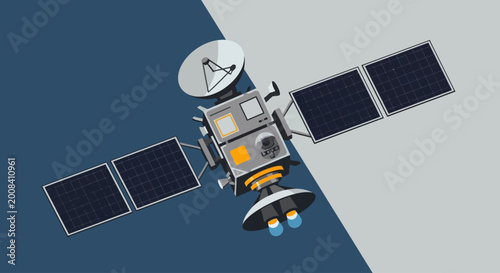 Satellite with solar panels and communication antenna vector illustration