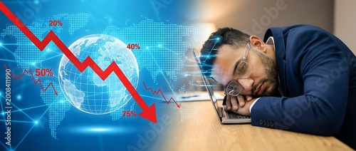 Global economic downturn depicted by falling red arrow and financial chart with sleeping businessman, symbolizing stress and crisis.
