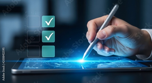 Hand using a stylus pen to mark a digital checklist on a tablet screen.