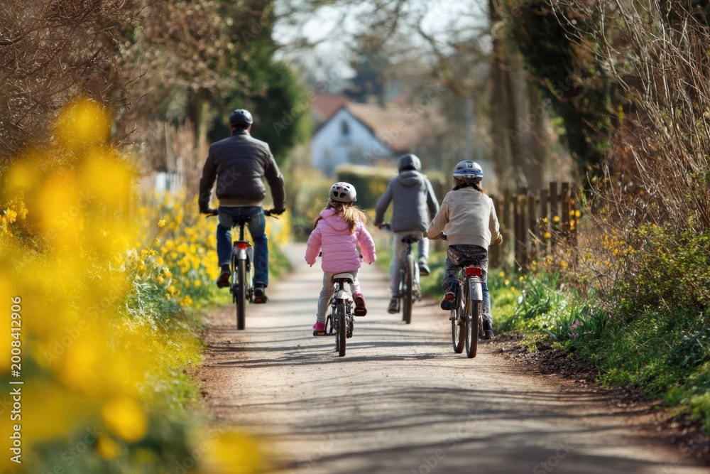 Obraz premium Fun Family Kids Riding Bikes Trails Park Spring Together