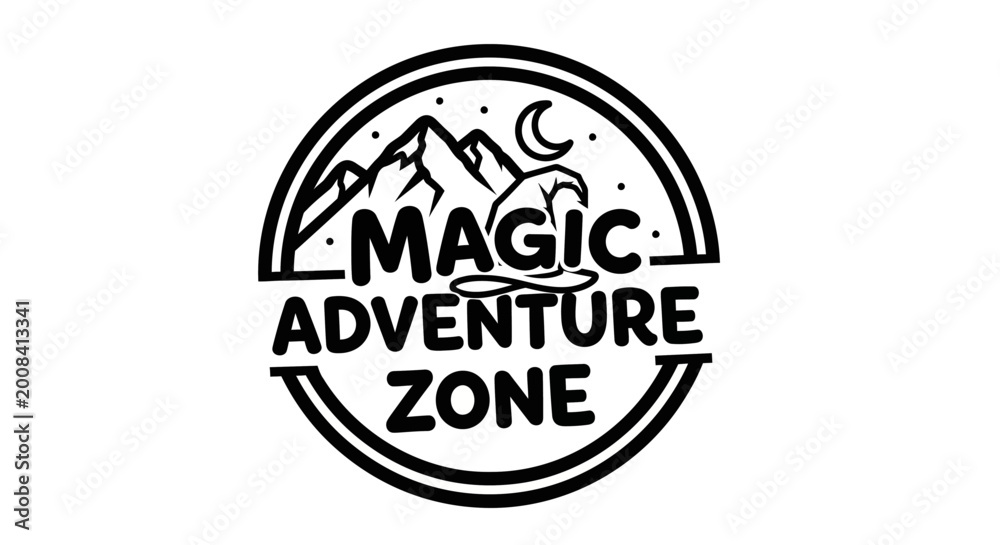 Fototapeta premium Black and white graphic design adventure zone badge with mountains and moon