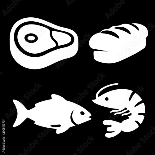 White Food Icon Set on Black Background Vector Silhouettes of Meat Bread Fish and Shrimp for Restaurant Menus and Grocery Branding