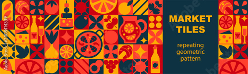Canvas-taulu Seamless market pattern with food elements in simple geometric colorful style, M