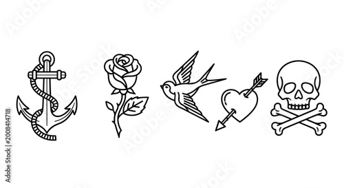 Vintage style tattoo illustrations anchor rose swallow heart skull and crossbones