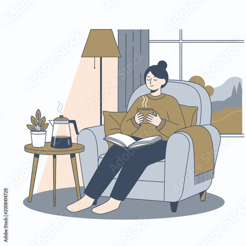 Woman relaxing at home with coffee and a book in a cozy setting