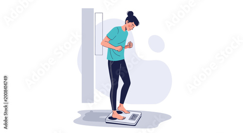 Woman weighing herself on scales illustration concept for health and wellness