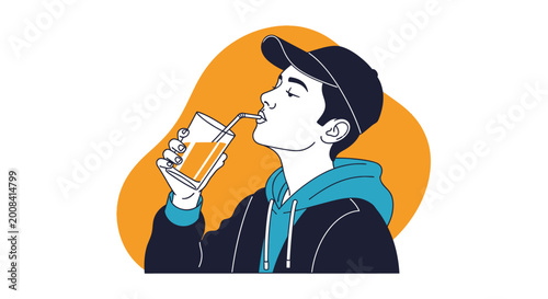 Young person drinking juice graphic illustration for beverage advertising