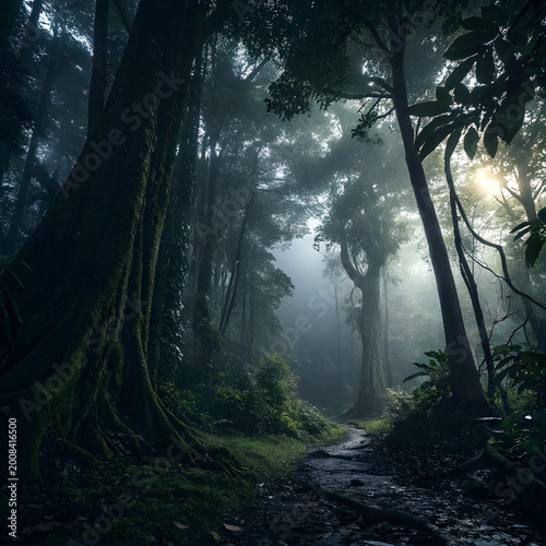Mystical forest path glowing with mushrooms beneath towering ancient trees