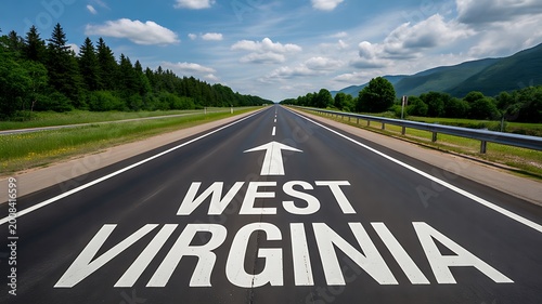 Open road with west virginia text on highway scenic landscape travel concept  