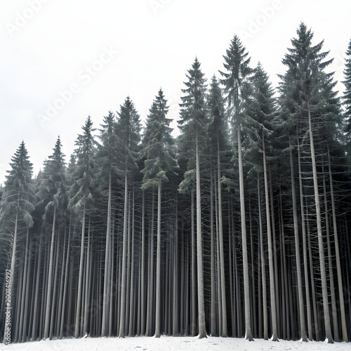 Towering pine trees rise through misty forest under overcast skies
