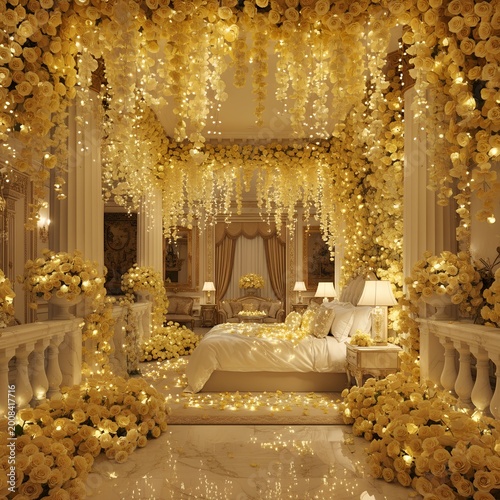 A luxurious bedroom decorated with cascading yellow roses and fairy lights, warm romantic mood, soft and beautiful background