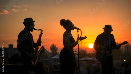 Saxophonist singer guitarist performing at sunset