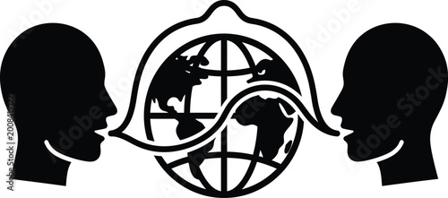 Global communication concept with two human profiles talking through a world map.