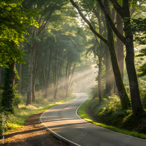 Sunlit winding road through misty forest with tranquil morning atmosphere