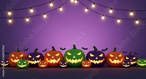 Halloween jack o lanterns with string lights background