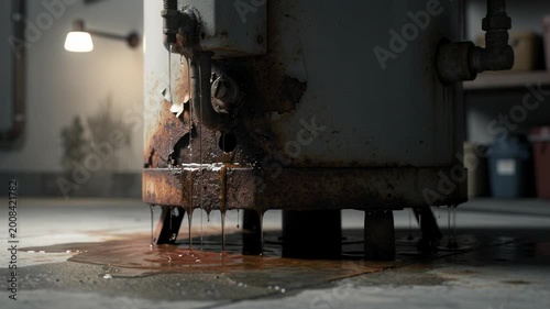 Old rusty leaking water heater with water damage and dripping liquid on concrete floor in dimly lit room