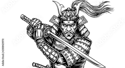 Fotografía Japanese Samurai Warrior in Armor with Katana Sword