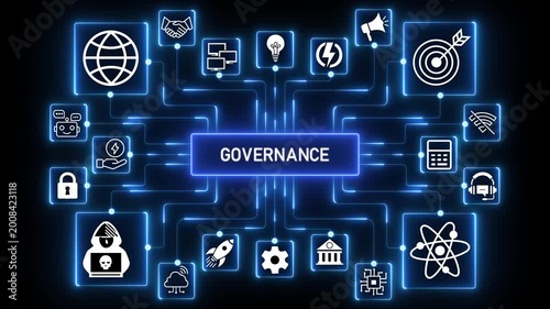 Digital governance concept depicting processes and key elements for corporate management,4K black background visuals.4k Animation.