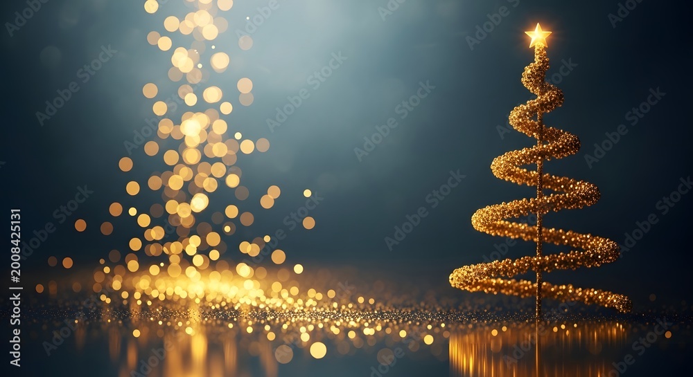 Obraz premium Golden spiral christmas tree with star and bokeh lights