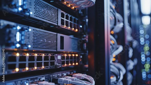 Server rack with network equipment highlighting artificial intelligence and digital evolution