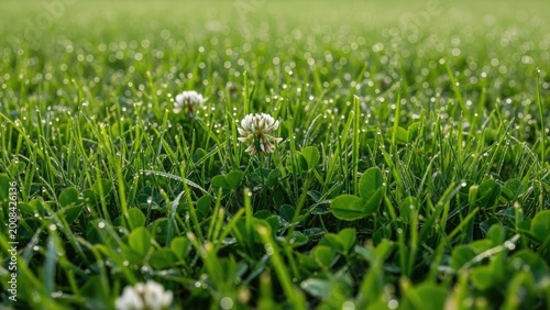 close-up of white clover flowers blooming in lush green grass field