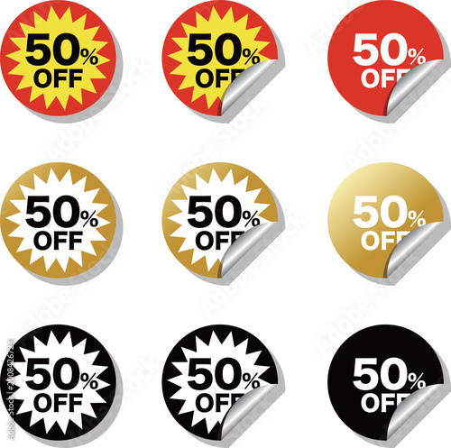 50%OFF セールシール めくれステッカー 割引ラベル 半額 バッジセット 赤 黄 金 黒