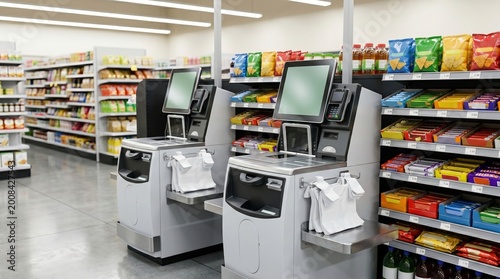 Modern self checkout kiosks in a bright supermarket aisle. Automated retail payment stations beside colorful snack shelves in a clean grocery store interior.