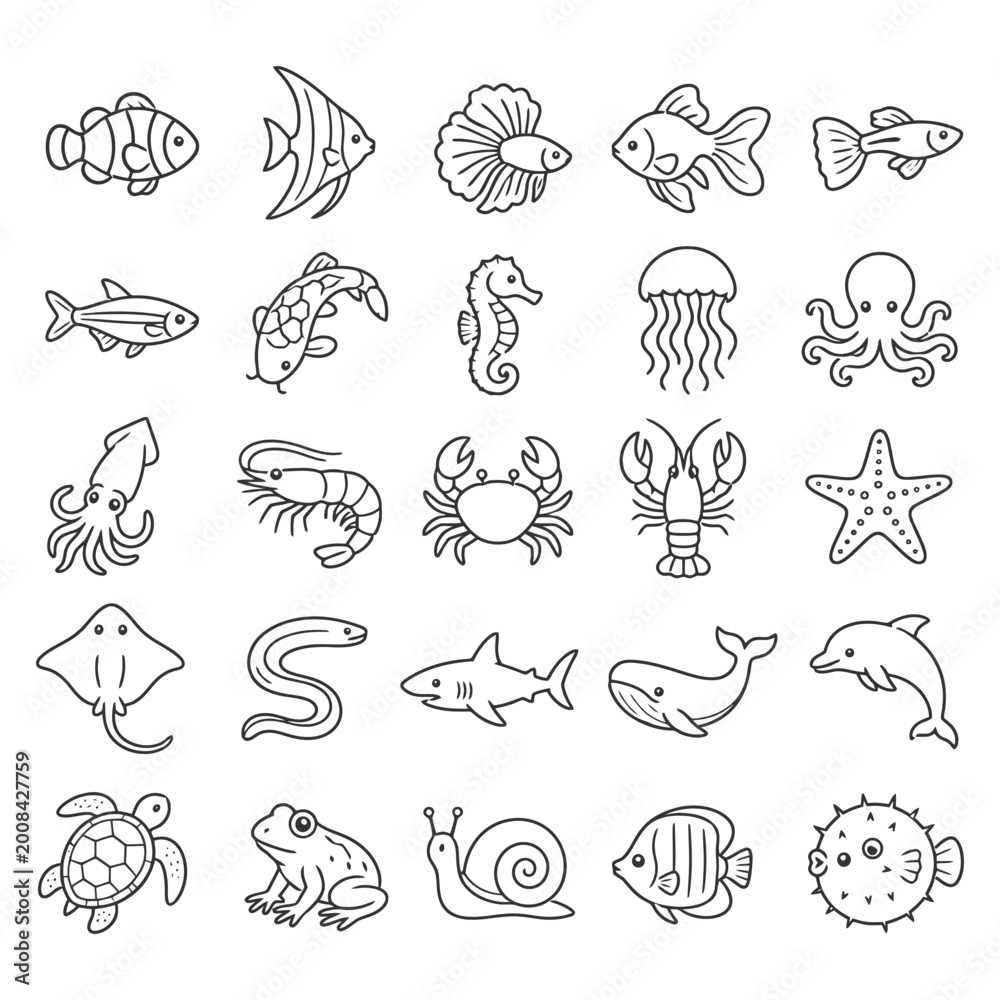 Obraz premium Collection of cartoon sea creatures: fish, shark, jellyfish, octopus, turtle.