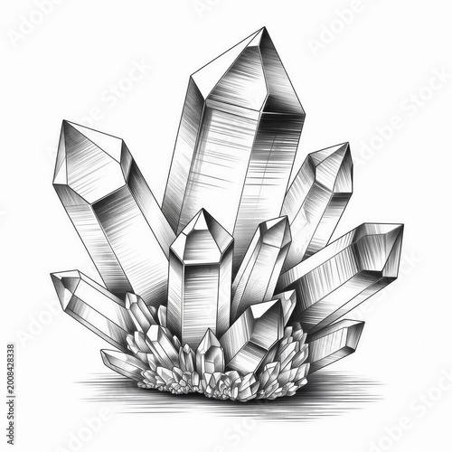 Realistic pencil sketch of a mystical quartz crystal cluster on white background