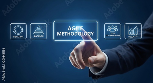 Agile methodology interface with planning, backlog, sprint, evaluation icons