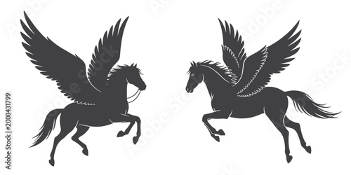 Tableau sur toile Silhouette of two winged horses flying isolated on white background