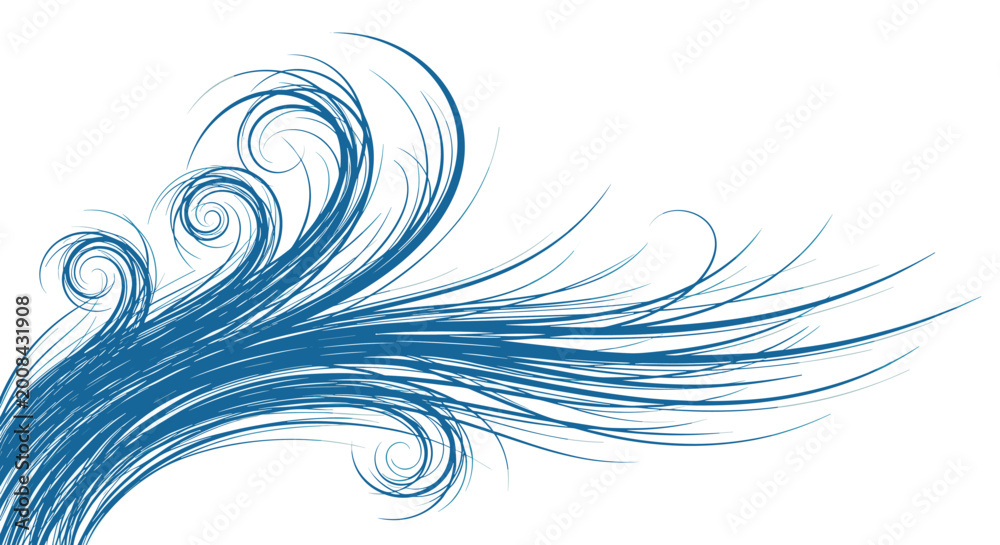 Fototapeta premium Stylized blue wave illustration with many swirling lines, representing flowing water or gusts of wind in a decorative and artistic manner.