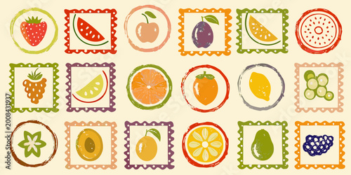 Foto Fruit stamps collection colorful vector illustration with beige background