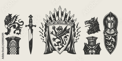 Photos medieval heraldry silhouettes with castle towers shields and griffins