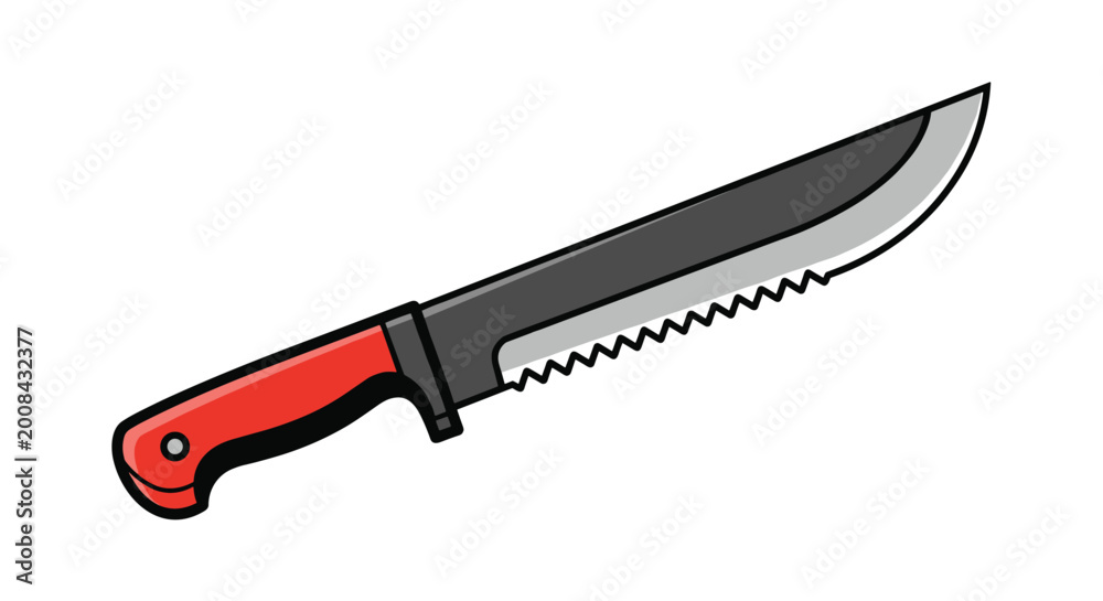 Obraz premium Survival camping knife with a sharp serrated steel blade and a bright red handle, depicted as a flat vector icon for outdoor gear themes.