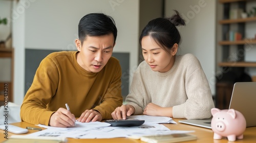 Asian couple organizing monthly budget together, financial planning and household money management