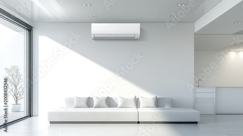 Modern, bright living room with AC unit. Sunlight streams through large windows