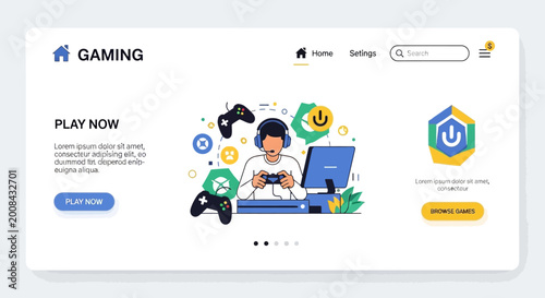Photos Young gamer playing video games on computer with headphones and controllers