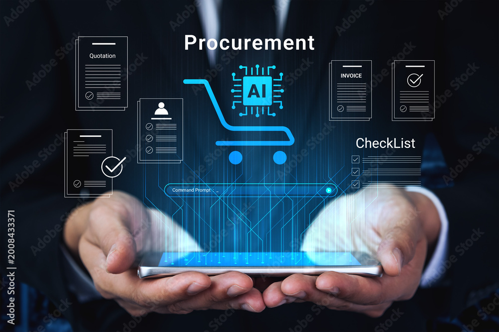 Naklejka premium Modern digital procurement concept with hands holding a smartphone displaying AI and document interfaces, emphasizing innovation and efficiency in business transactions. Cyphers