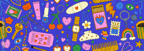 Obraz na płótnie Seamless vector banner with funky hand-drawn y2k accessories and trinkets
