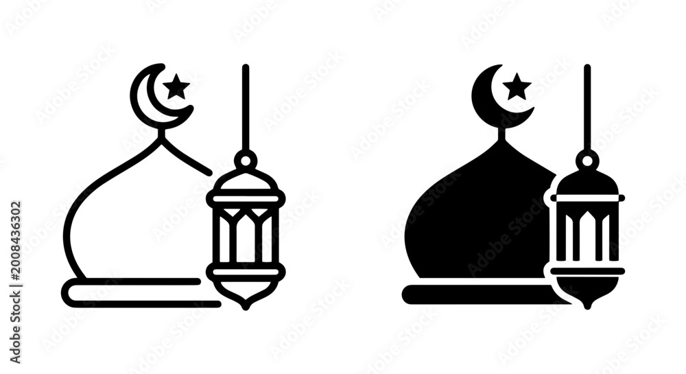 Fototapeta premium Islamic Mosque Icons, Ramadan Lantern, Crescent Moon & Star, Religious Symbols, Vector Art